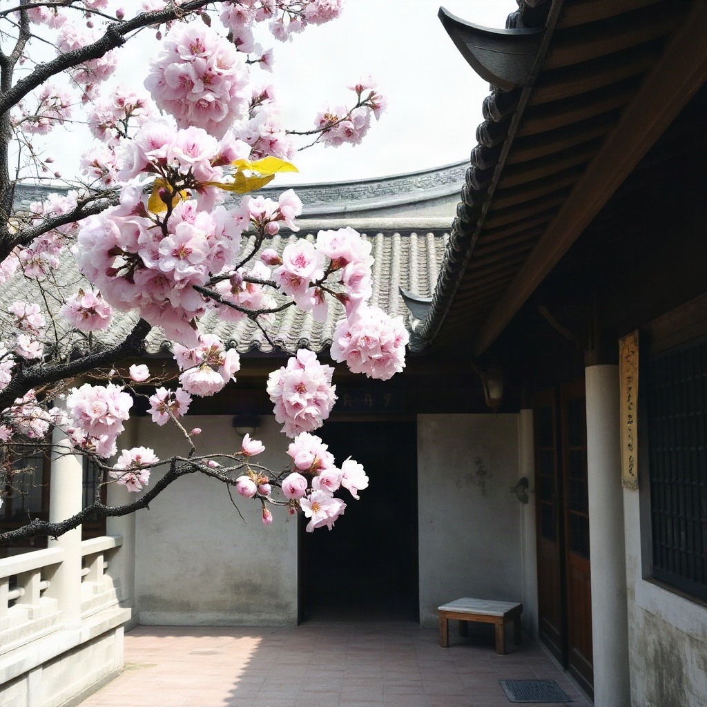 Ancient Chinese courtyard with plum blossom branches