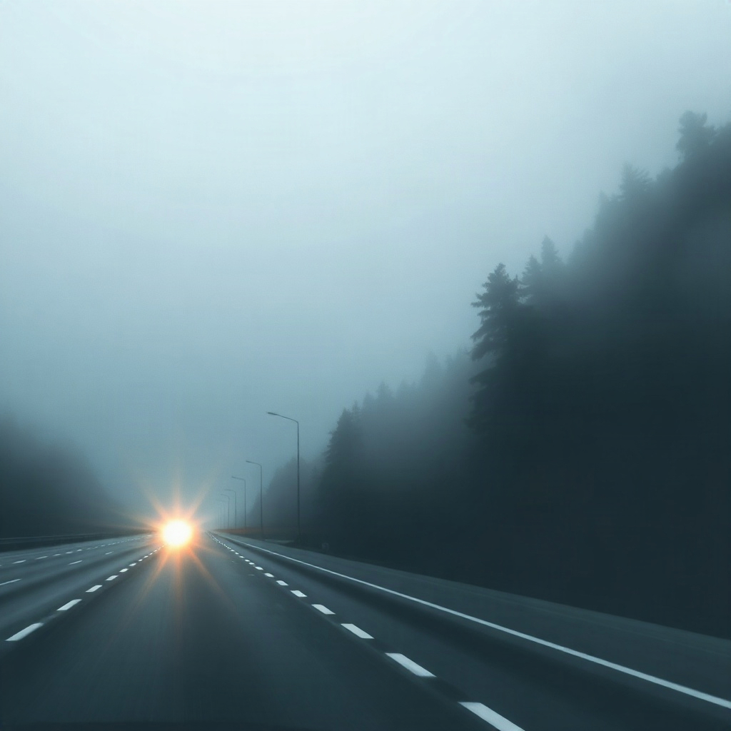 Foggy mountain highway with single headlight glow
