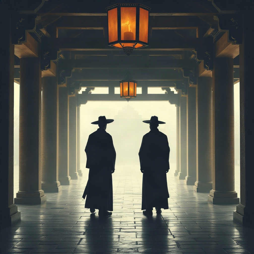 Palace lantern corridor with two silhouette figures in ancient robes